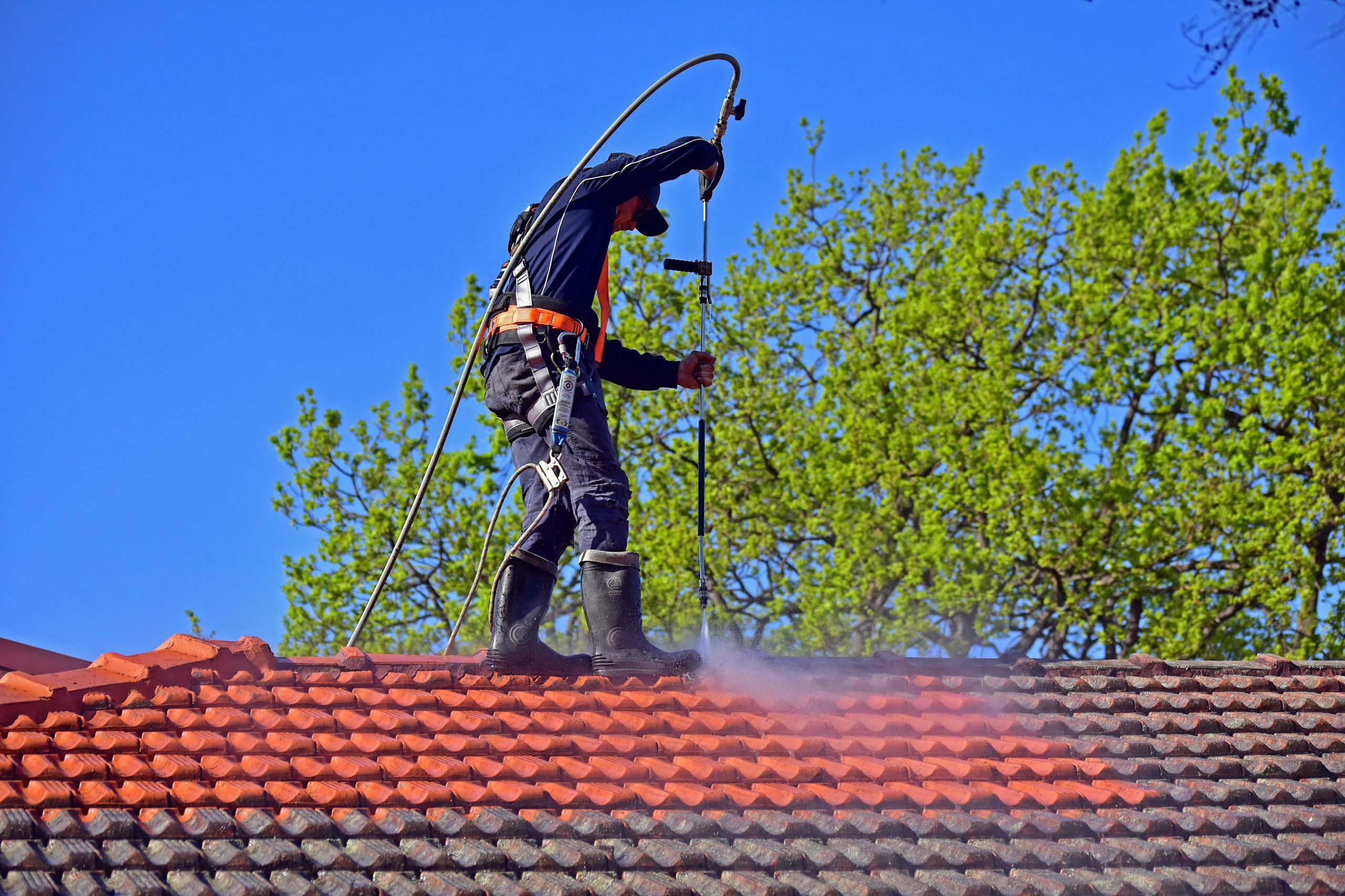 Experienced technician applying low-pressure cleaning solution across stained residential shingles